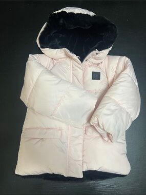 Calvin Klein Jeans Kids Light Pink Puffer Coat with Black Faux Fur Hood